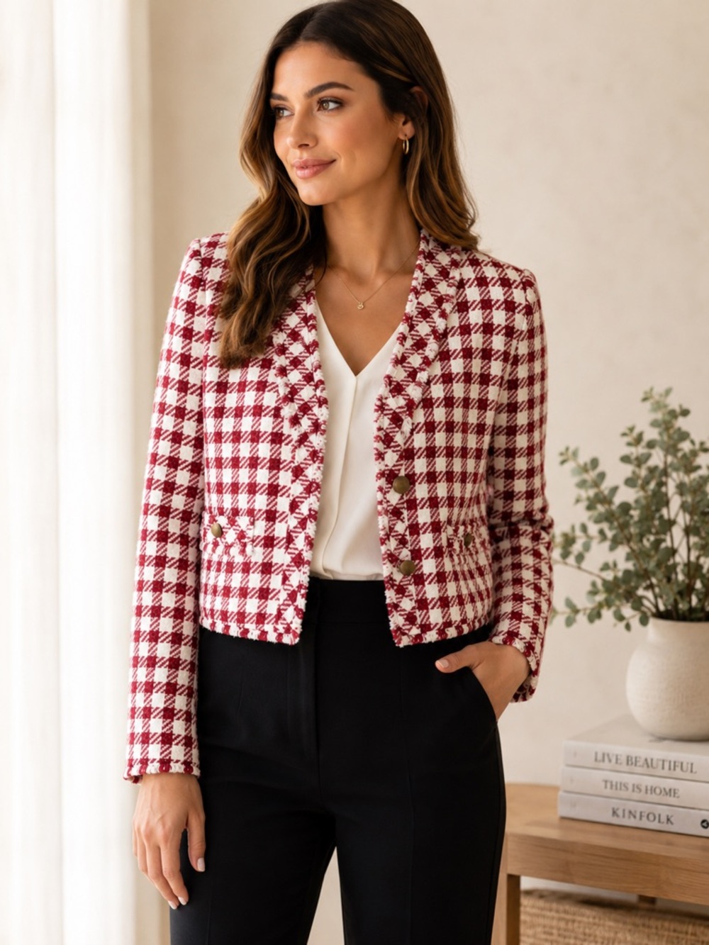 Ann Taylor Red White Plaid Tweed Fringe Cropped Jacket Women Chic Blazer